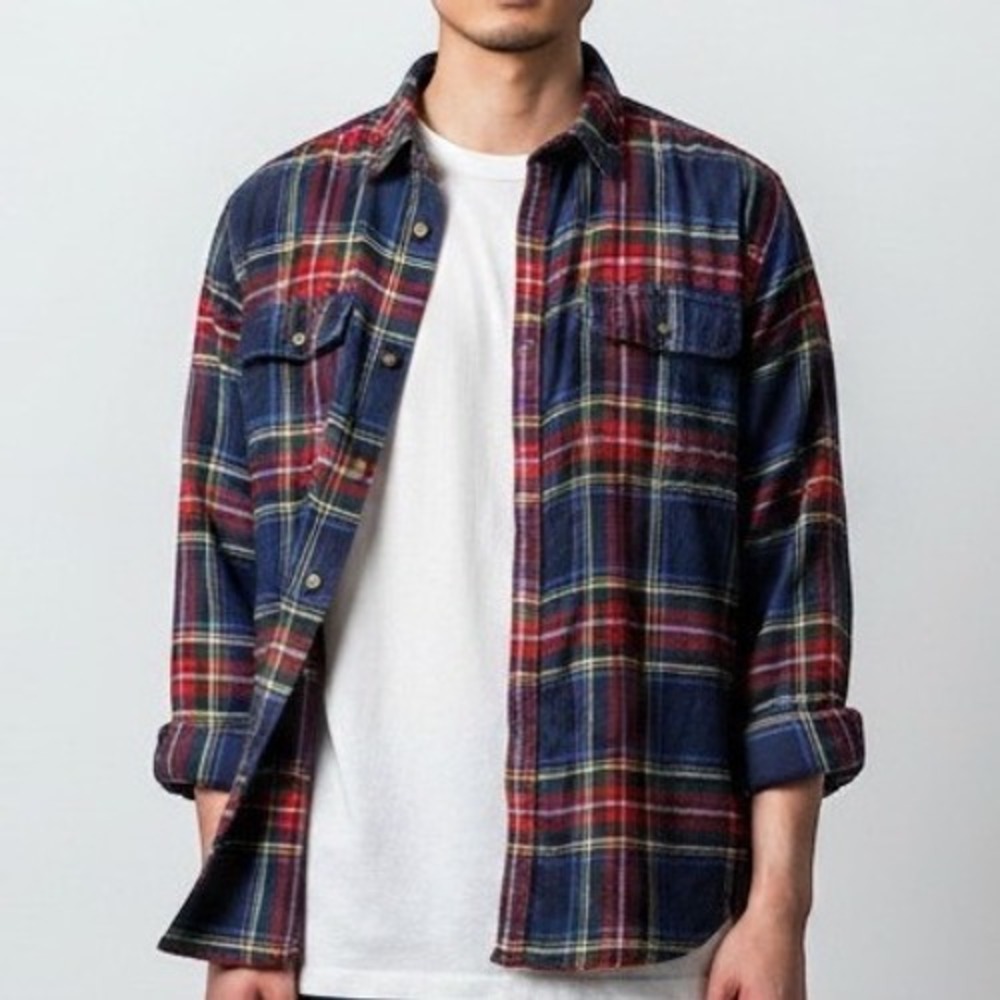 American Eagle Flannel Shirt Men Large Navy Red Plaid Soft Boyfriend Fit Top